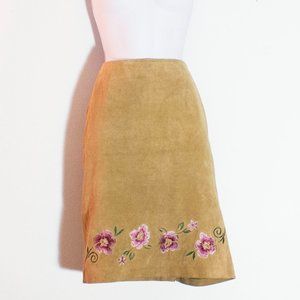 Tan Suede Skirt Midi 90s Vintage floral embroidered Bohemian Western size 8